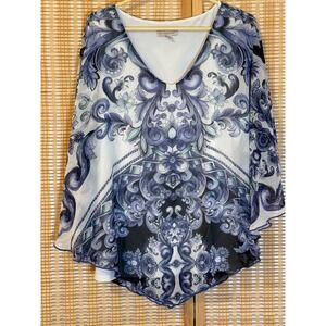 CB Established 1962 Womens 2X Top Blue White Baroque Print Sheer Overlay Fairy
